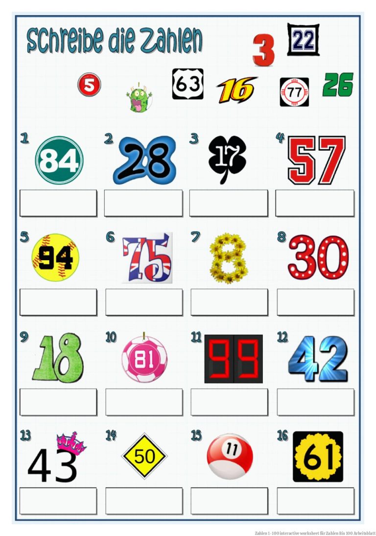 Zahlen 1-100 interactive worksheet für Zahlen Bis 100 Arbeitsblatt