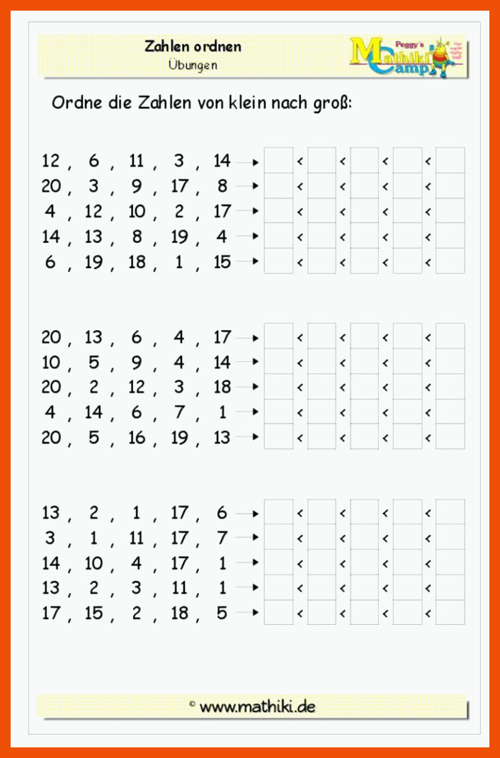Zahlen ordnen bis 20 (Klasse 1) - mathiki.de | Mathe fÃ¼r ... für arbeitsblätter mathe 1. klasse bis 20
