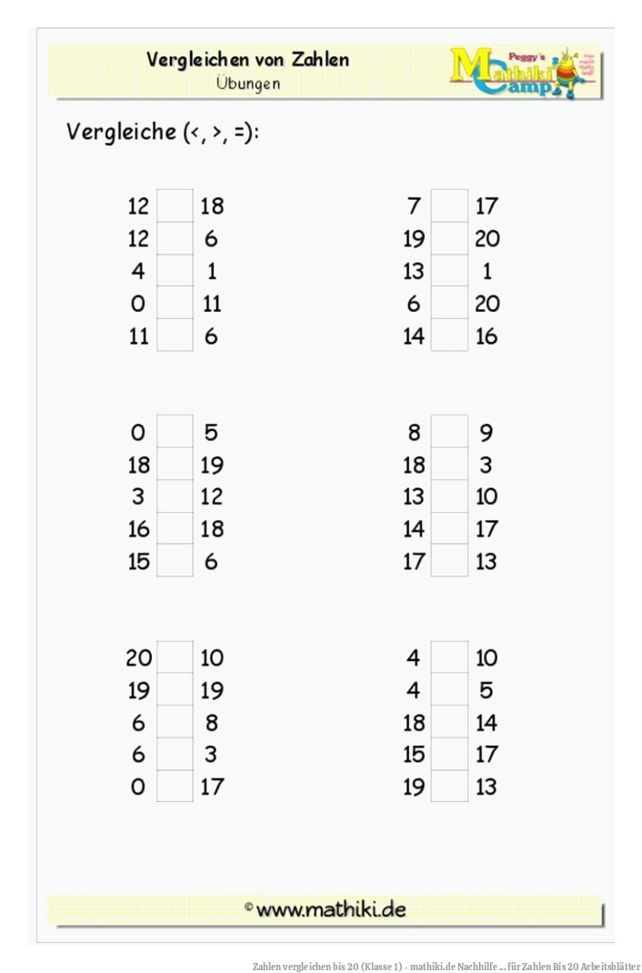 Zahlen vergleichen bis 20 (Klasse 1) - mathiki.de | Nachhilfe ... für Zahlen Bis 20 Arbeitsblätter