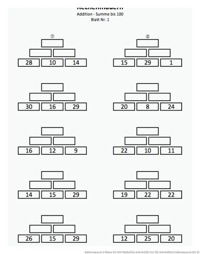 Zahlenmauern 2 Klasse bis 100 |Mathefritz ArbeitsblÃ¤tter für Arbeitsblatt Zahlenmauern Bis 10