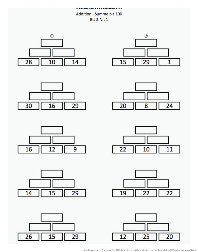 Zahlenmauern 2 Klasse Bis 100 Mathefritz ArbeitsblÃ¤tter Fuer Arbeitsblatt Zahlenmauern Bis 10