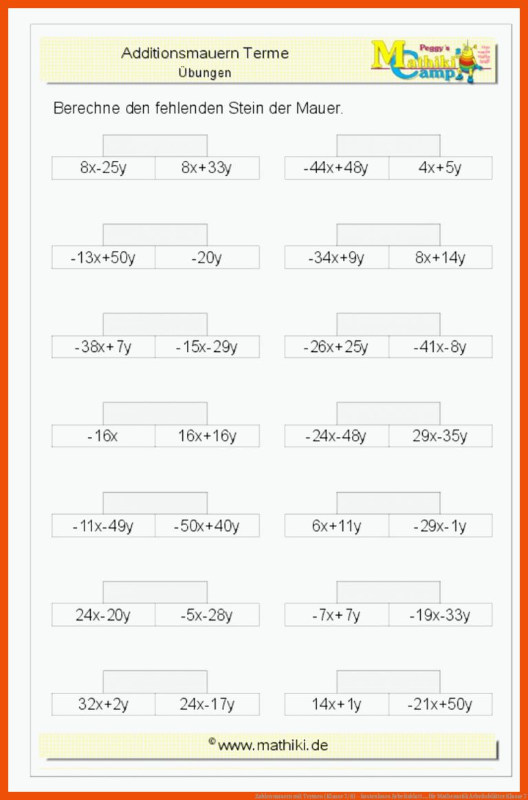 Zahlenmauern mit Termen (Klasse 7/8) - kostenloses Arbeitsblatt ... für mathematik arbeitsblätter klasse 7