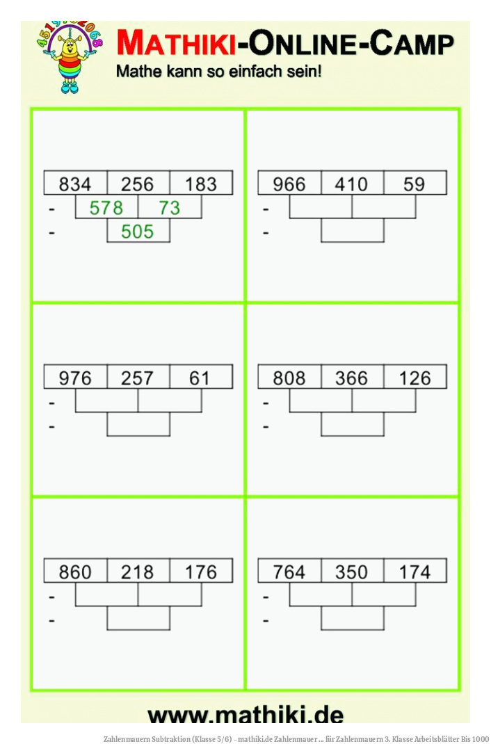 Zahlenmauern Subtraktion (Klasse 5/6) - mathiki.de | Zahlenmauer ... für Zahlenmauern 3. Klasse Arbeitsblätter Bis 1000