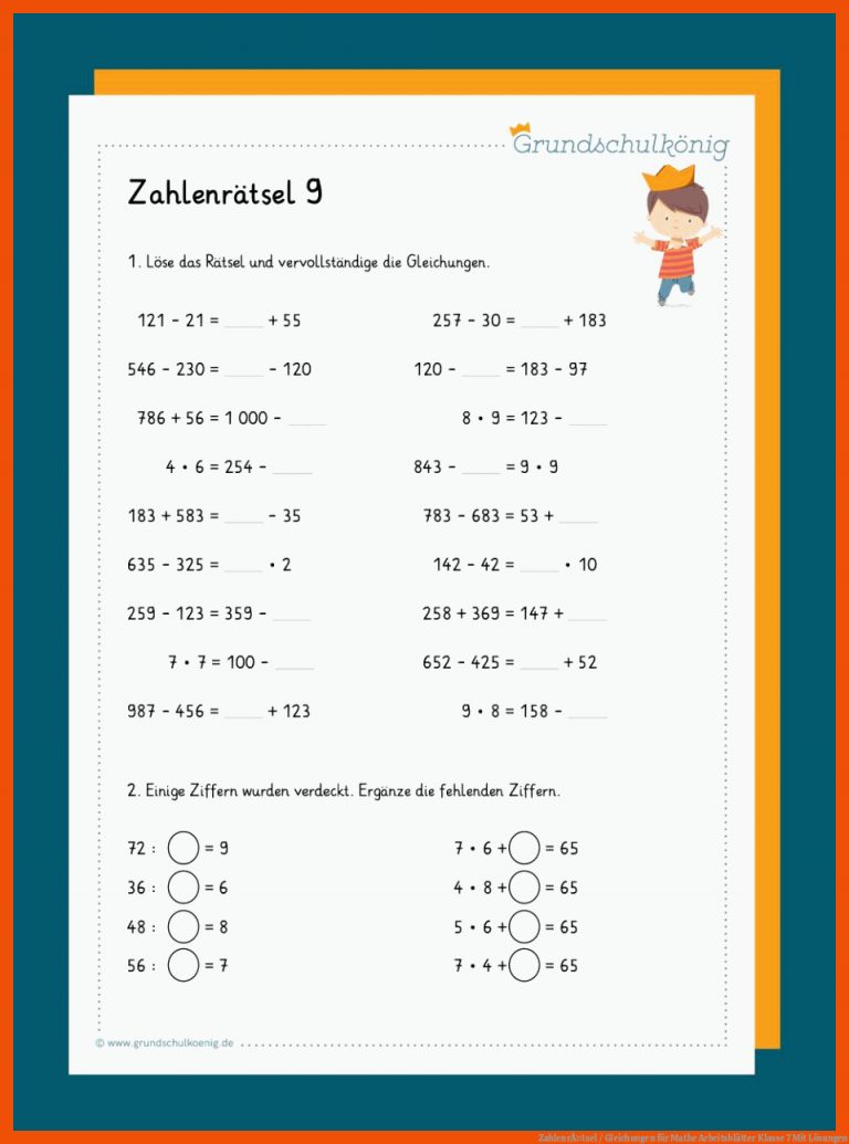 ZahlenrÃ¤tsel / Gleichungen für mathe arbeitsblätter klasse 7 mit lösungen