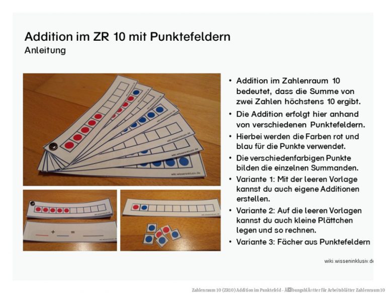 Zahlenraum 10 (ZR10) Addition im Punktefeld - ÃbungsblÃ¤tter für Arbeitsblätter Zahlenraum 10