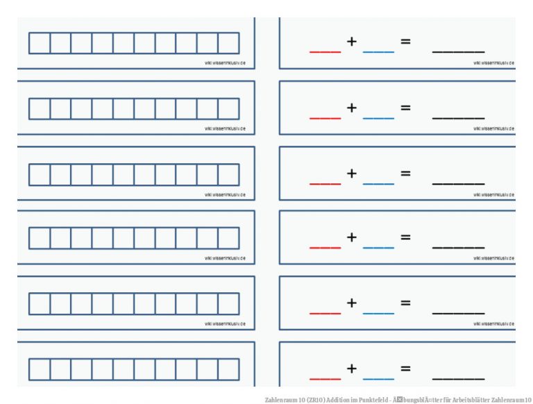 Zahlenraum 10 (ZR10) Addition im Punktefeld - ÃbungsblÃ¤tter für Arbeitsblätter Zahlenraum 10