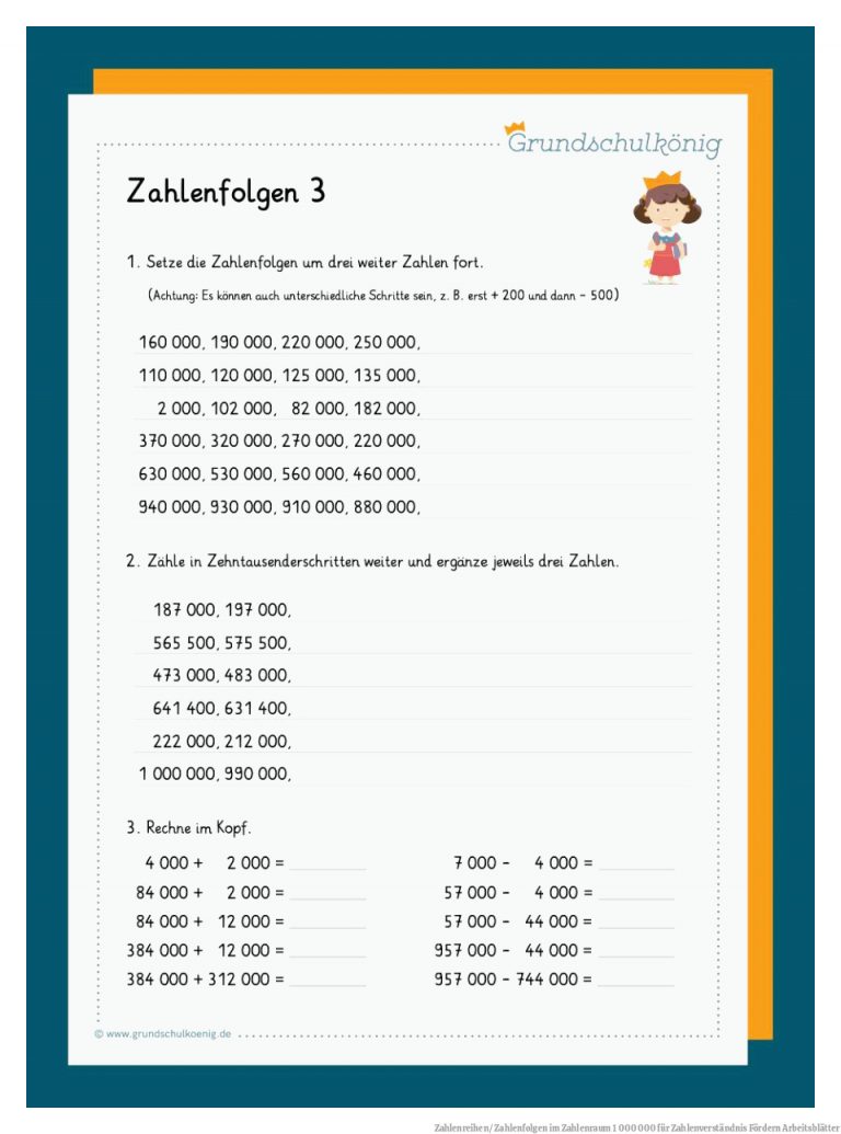 Zahlenreihen/ Zahlenfolgen im Zahlenraum 1 000 000 für Zahlenverständnis Fördern Arbeitsblätter