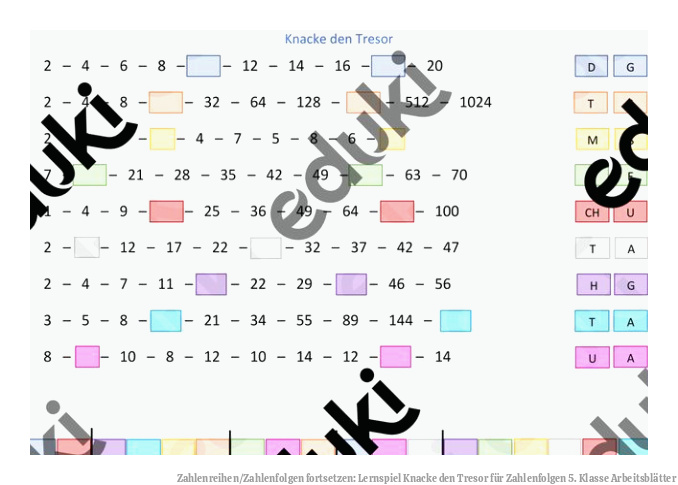 Zahlenreihen/Zahlenfolgen fortsetzen: Lernspiel Knacke den Tresor für Zahlenfolgen 5. Klasse Arbeitsblätter