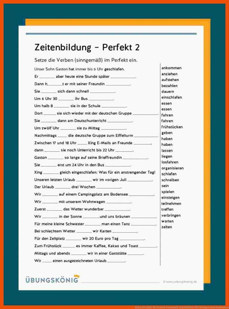 Zeiten (Perfekt) für deutsch grammatik arbeitsblätter mit lösungen zum ausdrucken