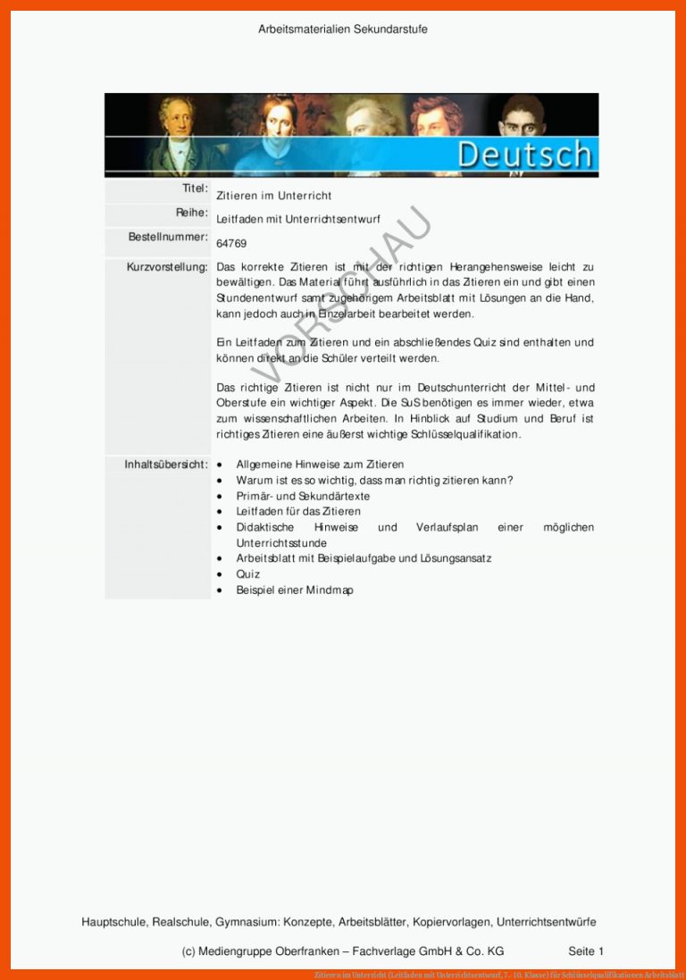 Zitieren im Unterricht (Leitfaden mit Unterrichtsentwurf, 7.-10. Klasse) für schlüsselqualifikationen arbeitsblatt