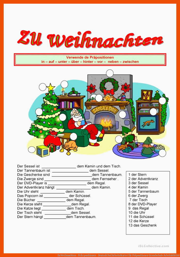 Zu Weihnachten - PrÃ¤positionen - Deutsch Daf Arbeitsblatter für präpositionen grundschule arbeitsblätter