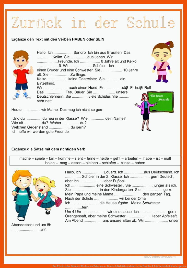 ZurÃ¼ck in der Schule - Verben im PrÃ¤sens - Deutsch Daf Arbeitsblatter für das bin ich arbeitsblatt kindergarten