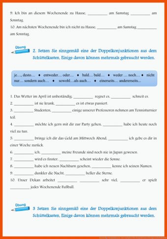 Konjunktionen übungen Arbeitsblätter - Deutsch Arbeitsblätter